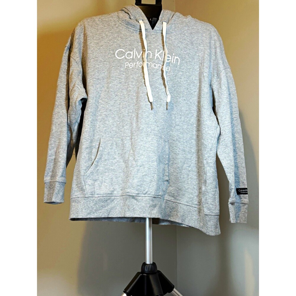 Calvin Klein Performance Women’s Gray Pullover Fleece Hoodie Logo 1X Pockets